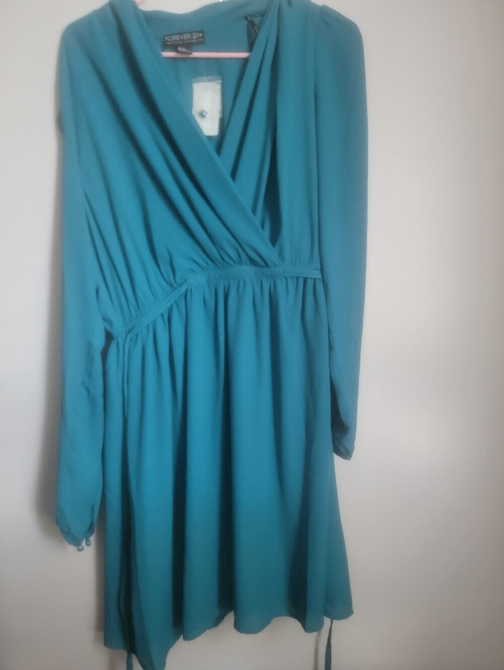 Forever 21 Green/Teall Long-Sleeve Wrap-Style Dress